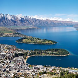 Aerial view of Lake Wakatipu near Queenstown in New Zealand