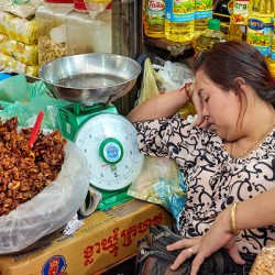 Woman sleeping at market stall amidst food and oils.
