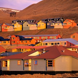 Colorful buildings in Longyearbyen Svalbard at sunset