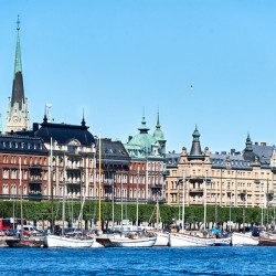 View of downtown Stockholm from the sea with boats and buildings