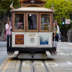 Cable car travels through San Francisco streets