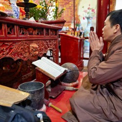 Man prays before altar in Hanoi temple during morning ritual