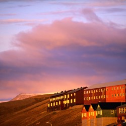 Sunset over longyearbyen in svalbard archipelago norway