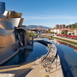 Construction and architecture near the river in Bilbao Spain