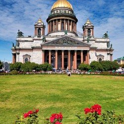 Visitors gather outside St. Isaacs Cathedral in St. Petersburg