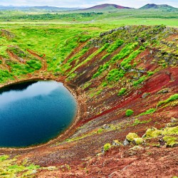 Kerid crater located in Iceland shows a round lake