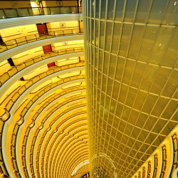 High rise hotel atrium with spiraling floors in Shanghai