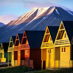 Colorful houses in Longyearbyen Svalbard at sunset