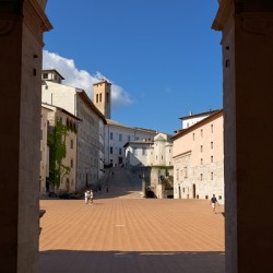 Spoleto Umbria Italy. Piazza del Duomo the theatre and Chiesa di SantEufemia