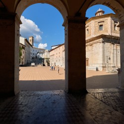 Spoleto Umbria Italy. Piazza del Duomo the theatre and Chiesa di SantEufemia