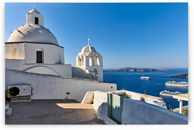 Santorini: White churches blue sea and cruise ships. by Marco Brivio