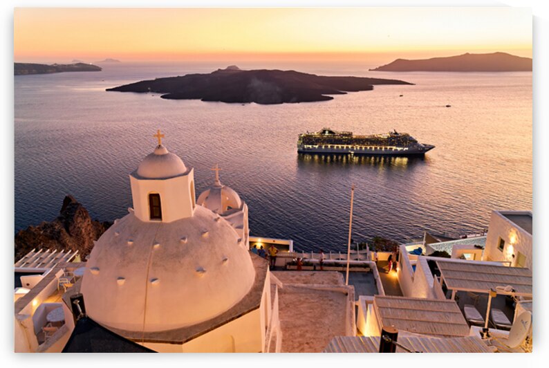 Santorini sunset: cruise ship caldera and white domed churches by Marco Brivio