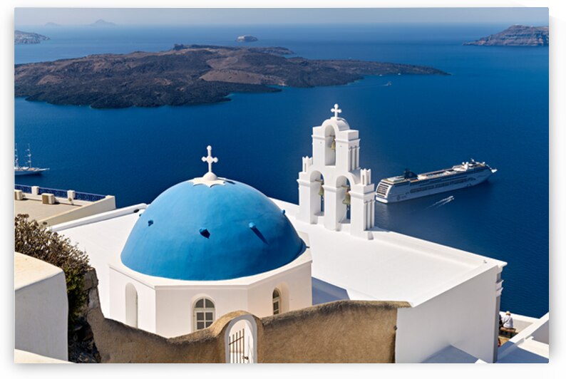 Santorini blue dome church caldera and cruise ship. by Marco Brivio