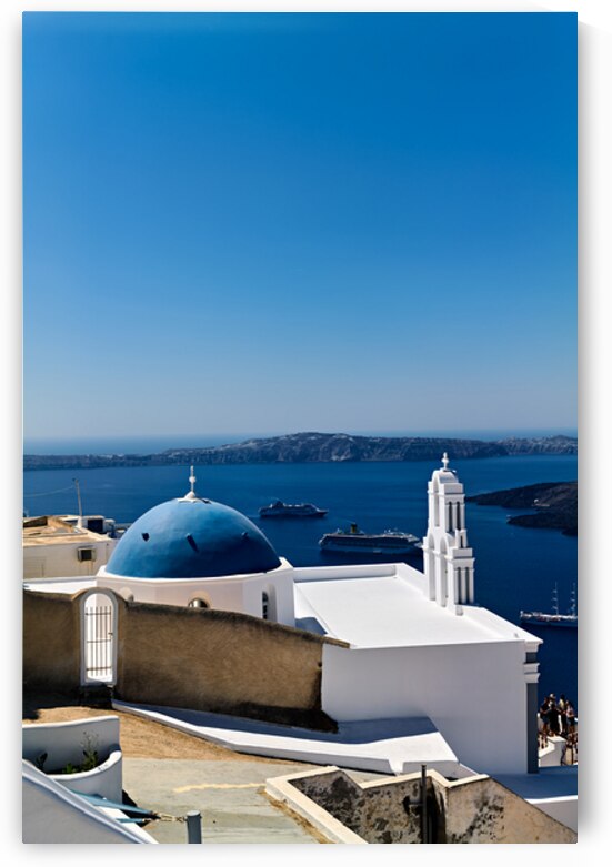 Santorinis blue domed church and bell tower overlooking the Aeg by Marco Brivio