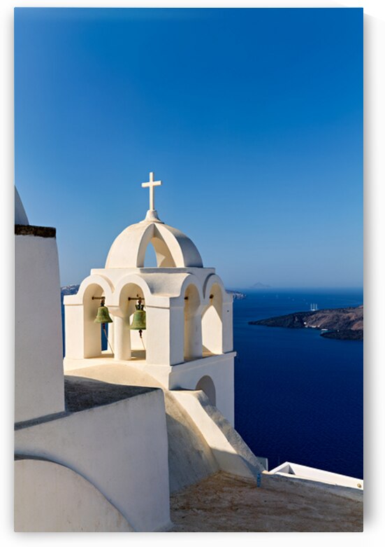 Santorini church bells with caldera view. by Marco Brivio