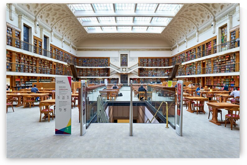 Spacious library with ornate ceiling books and people studying by Marco Brivio