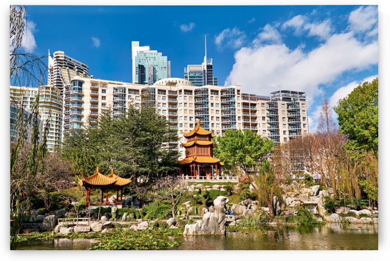 Chinese garden with pagodas and modern buildings by Marco Brivio