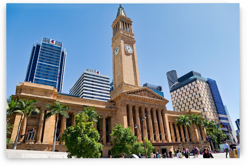 Brisbane City Hall with modern buildings and palm trees. by Marco Brivio