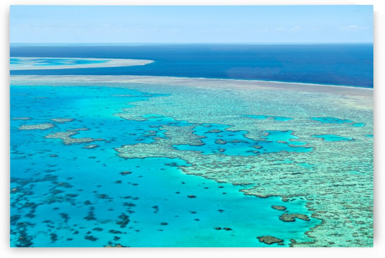 Aerial view of the Great Barrier Reefs turquoise waters. by Marco Brivio