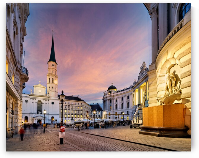 Beautiful sunset over historic Michaelerplatz Vienna with hors by Marco Brivio