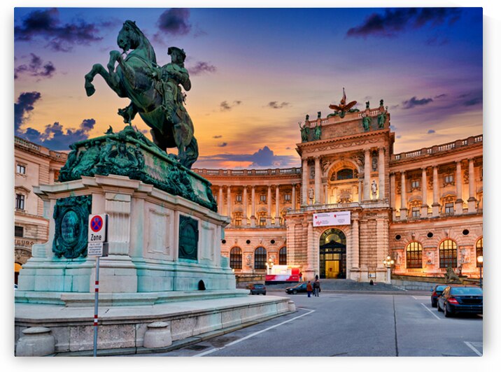 Viennas Hofburg Palace and equestrian statue at twilight. by Marco Brivio