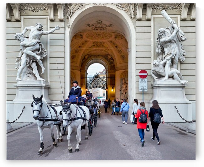 Historic archway with statues horse carriage and pedestrians. by Marco Brivio