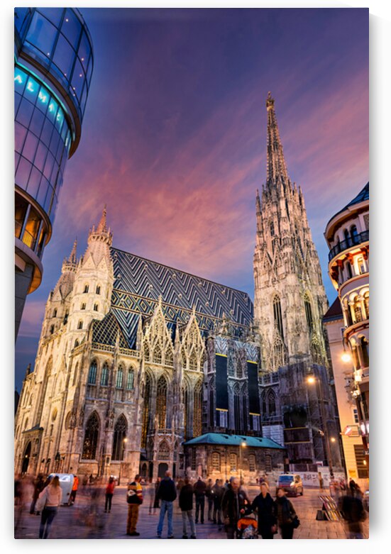 St. Stephens Cathedral Vienna at twilight with people. by Marco Brivio