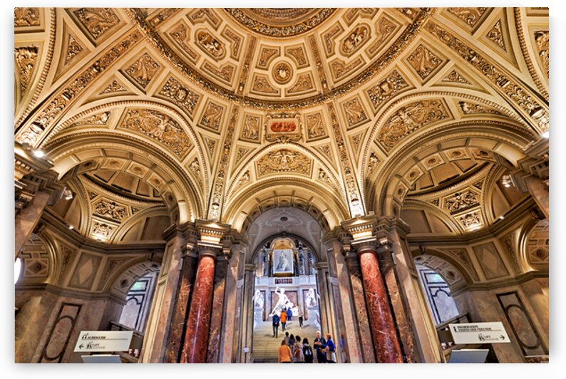 Grand ornate museum interior with decorative ceiling and column by Marco Brivio