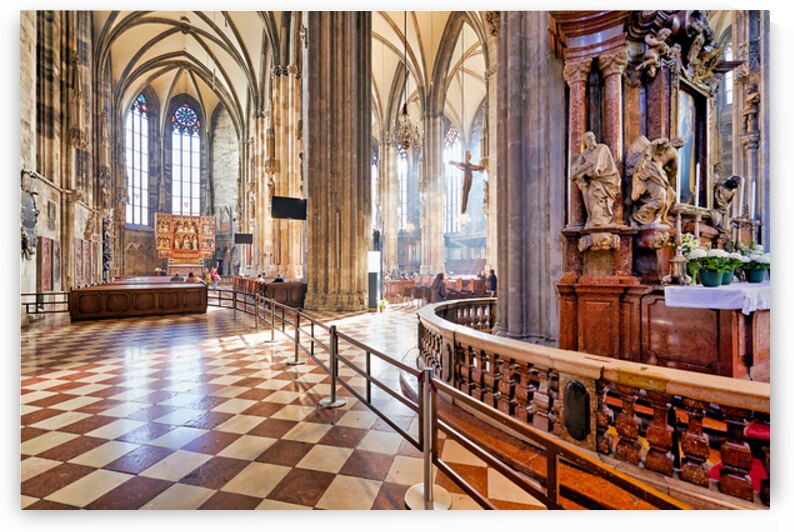 Grand cathedral interior with vaulted ceilings columns and cru by Marco Brivio