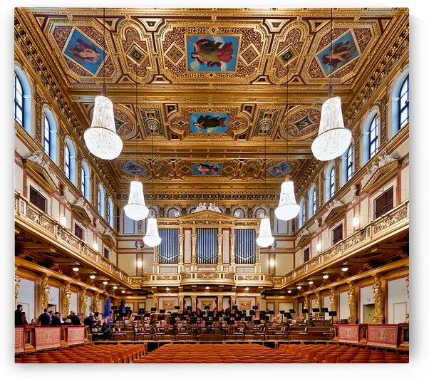 Ornate grand concert hall with organ chandeliers and empty se by Marco Brivio