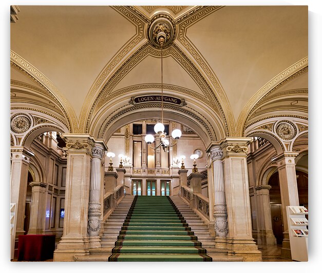 Majestic staircase with green carpet in an ornate hall. by Marco Brivio
