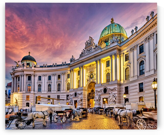 Illuminated Hofburg Palace and carriages at twilight in Vienna. by Marco Brivio