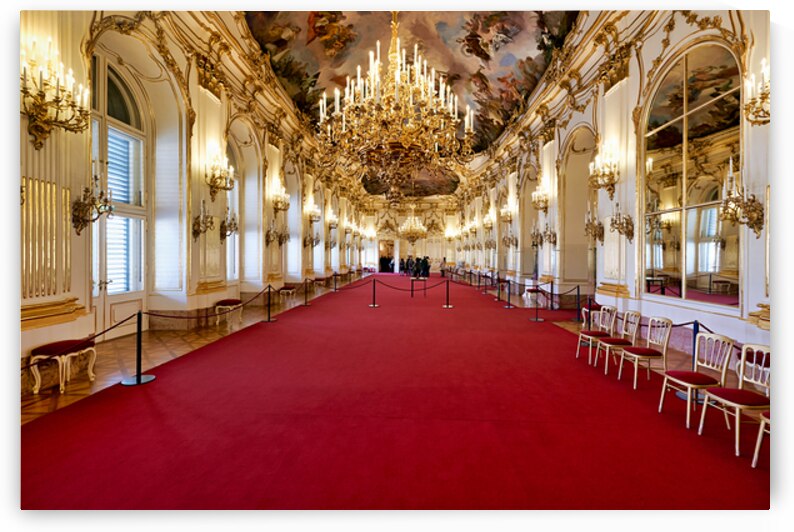 Luxurious palace interior with red carpet chandeliers and orna by Marco Brivio