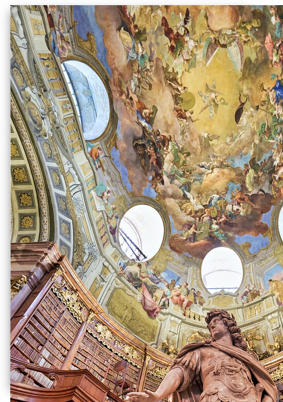 Grand baroque library with frescoed ceiling and central statue. by Marco Brivio