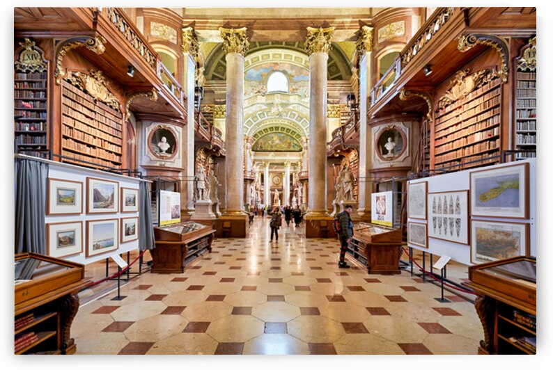 Grand ornate library interior with books columns and visitors by Marco Brivio