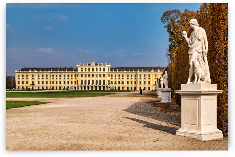 Schönbrunn Palace Vienna with statues and autumn trees. by Marco Brivio