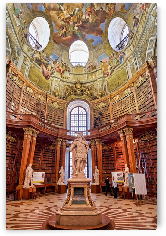 Magnificent baroque library with frescoes books and central st by Marco Brivio