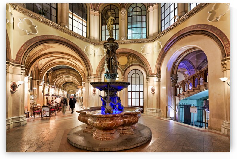 Palais Ferstel interior with fountain arches and people. by Marco Brivio