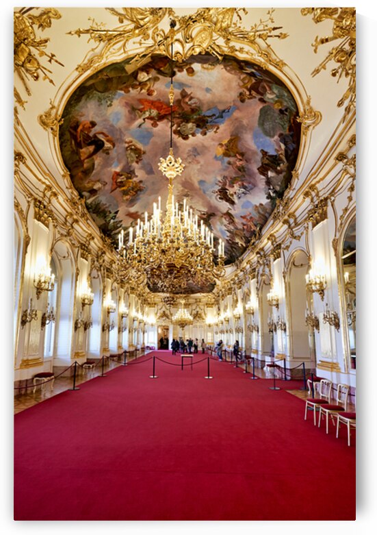 Ornate palace hall with chandeliers painted ceiling and red ca by Marco Brivio