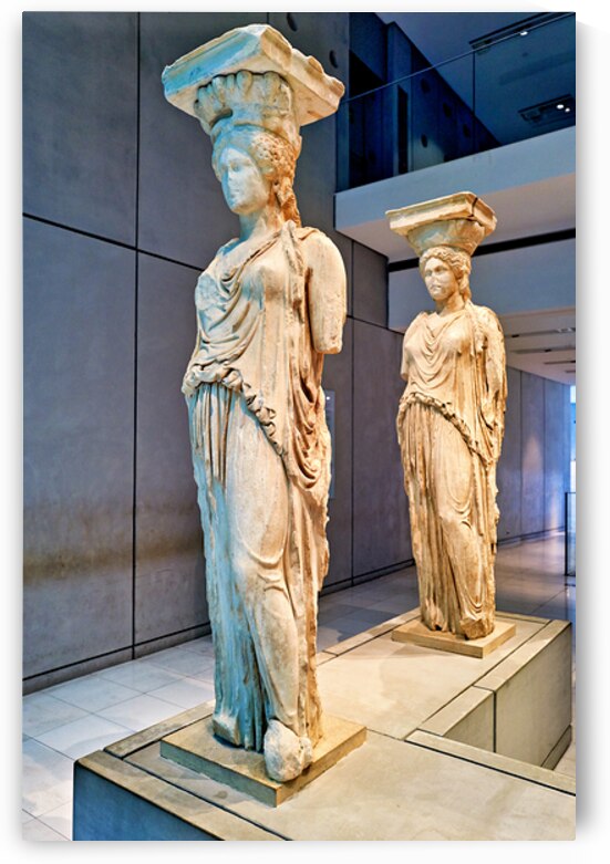Caryatids of the Acropolis Museum stand in Athens Greece by Marco Brivio