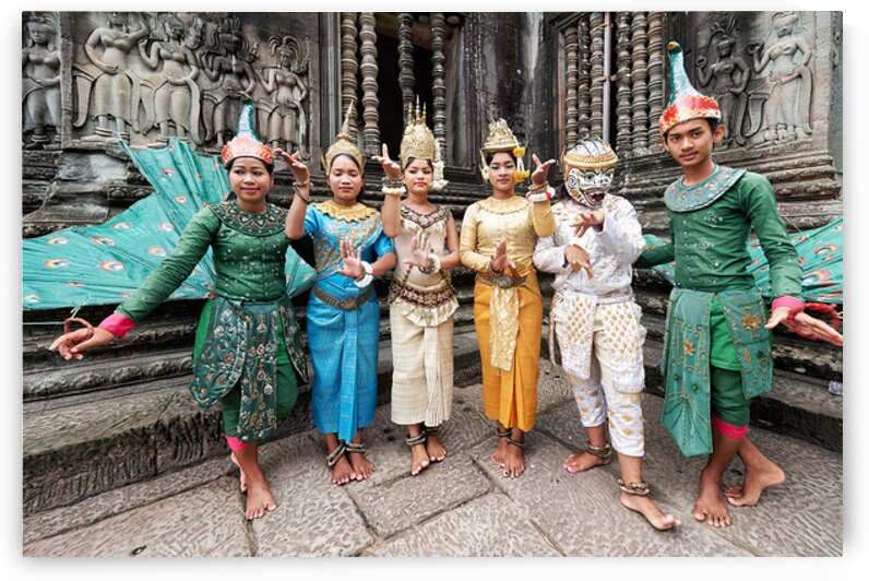 Traditional Cambodian dancers in elaborate costumes at ancient t by Marco Brivio