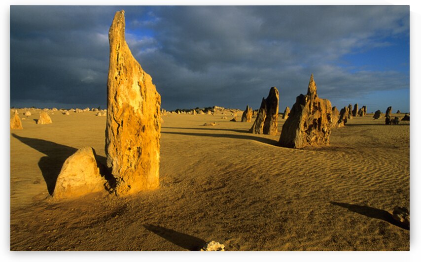 Pinnacles desert landscape at sunset with dramatic clouds. by Marco Brivio