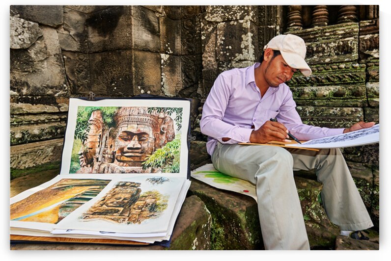 Artist drawing ancient temple carvings outdoors. by Marco Brivio