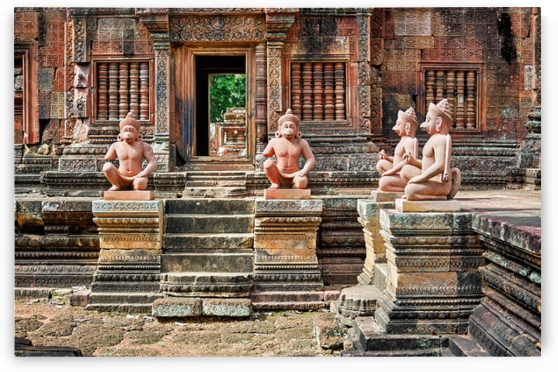 Ancient temple with intricate carvings and mythical guardian sta by Marco Brivio