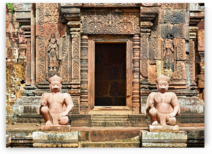 Ancient temple entrance with intricate carvings and guardian sta by Marco Brivio