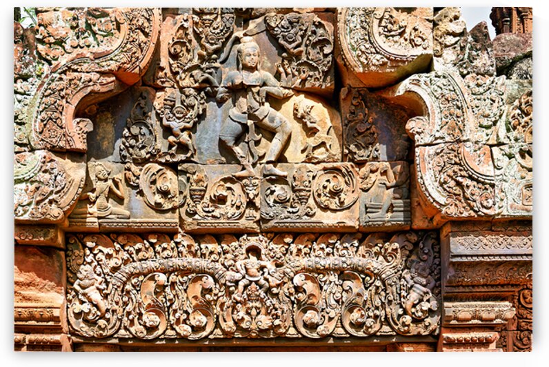 Ornate ancient temple carvings depicting mythological figures a by Marco Brivio