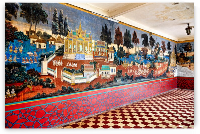 Vibrant Cambodian temple mural showcasing traditional life and a by Marco Brivio