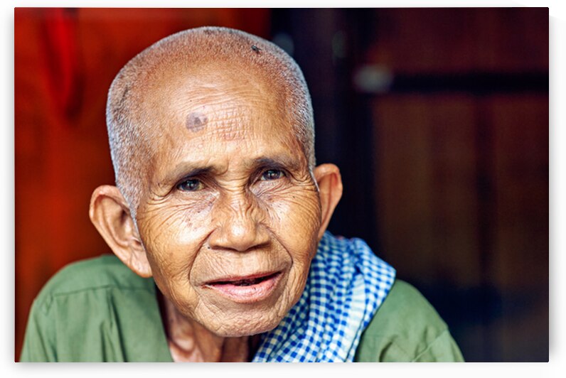 Close up portrait of an elderly person with a fly on head. by Marco Brivio