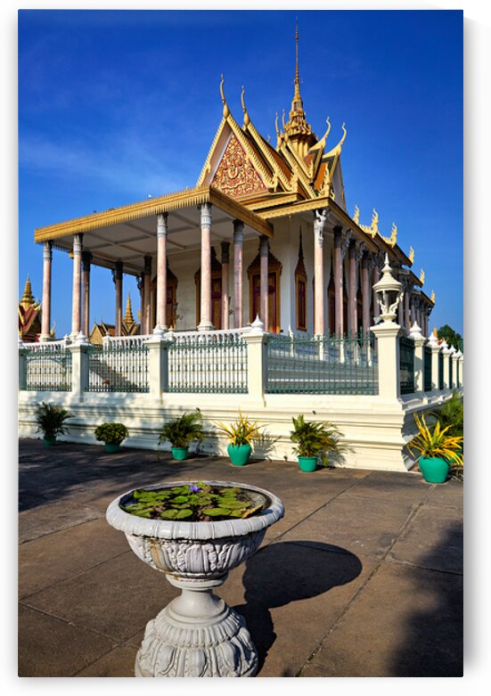 Golden roofed Cambodian palace with water lily pot. by Marco Brivio