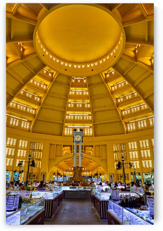 Grand domed market interior with central clock and bustling stal by Marco Brivio
